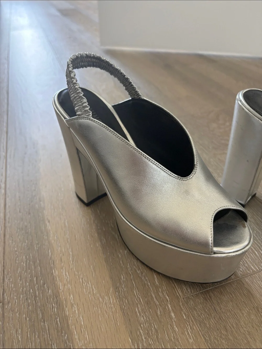 Opening Ceremony Metallic Silver Peep-Toe Platform Slingback Heels